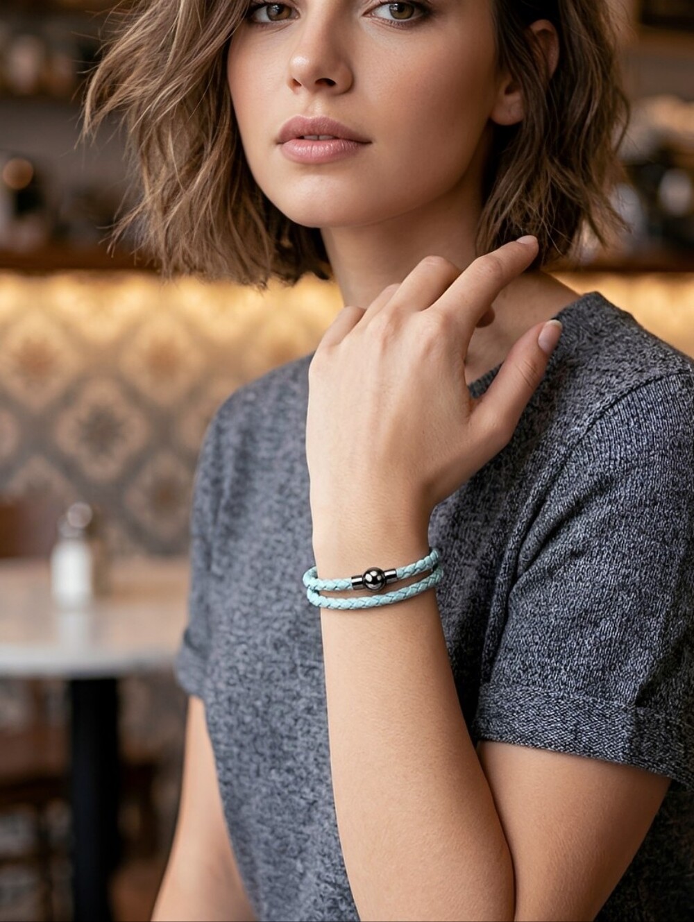 Linx Double Blue Leather Braided Cord Bracelet with Black Magnetic Clasp